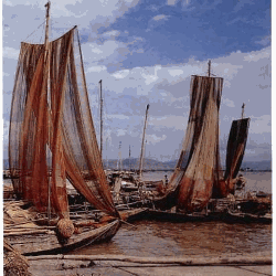 1. Séchage de filets dans la région de la baie d'Along (Viêt-nam) (cliché O. Barbaroux - IFREMER) 4. Retour de pêche (dessin de Malhurin Méheut).